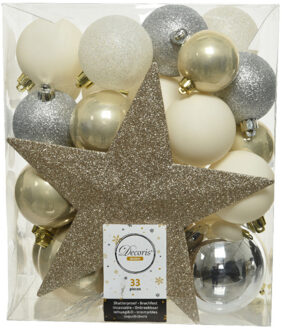 Decoris kerstballen - 33x st incl. ster piek - champagne/zilver/wit - kunststof - Kerstbal Multikleur