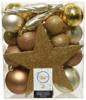 Decoris kerstballen - 33x st incl. ster piek - goud/champagne/bruin - kunststof - Kerstbal Goudkleurig