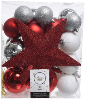 Decoris kerstballen - 34-dlg - rood/wit/zilver - kunststof Multi