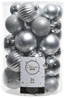 Decoris Kerstballen - 34x st - zilver - 4, 6, 7 en 8 cm - kunststo - Kerstbal Zilverkleurig