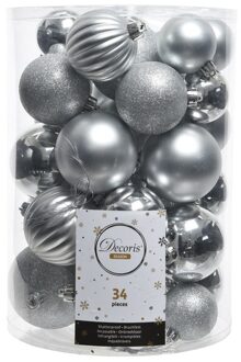 Decoris Kerstballen - 34x st - zilver - 4, 6, 7 en 8 cm - kunststof - kerstversiering