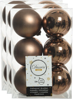 Decoris kerstballen - 36x st - walnoot bruin - 6 cm - kunststof - mat/glans - kerstversiering