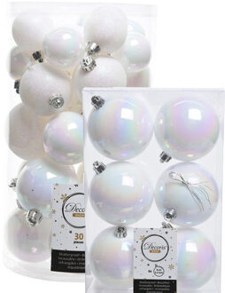 Decoris kerstballen 36x stuks parelmoer wit kunststof 4-5-6-8 cm - Kerstbal