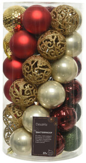 Decoris kerstballen - 37x - rood/groen/goud - 6 cm -kunststof - Kerstbal Multikleur