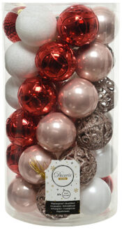 Decoris kerstballen - 37x st - lichtroze/rood/wit - 6 cm - kunststof - kerstversiering