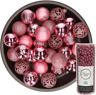 Decoris Kerstballen 37x stuks 6 cm incl. kralenslinger 10 m roze kunststof - Kerstbal