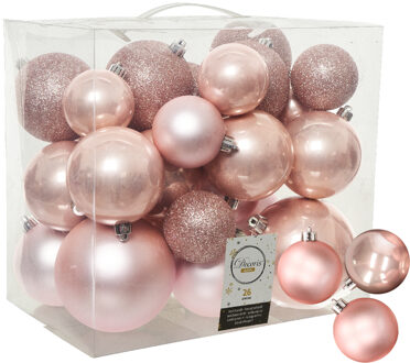 Decoris kerstballen 38x stuks lichtroze 6-8-10 cm kunststof