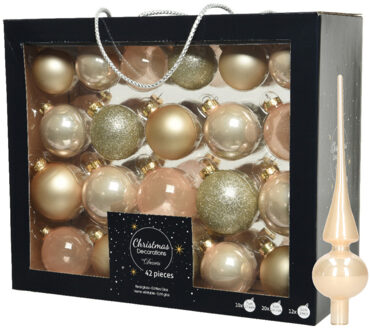 Decoris Kerstballen - 42x - 5, 6, 7 cm - met glans piek - champagne - glas - Kerstbal Champagnekleurig