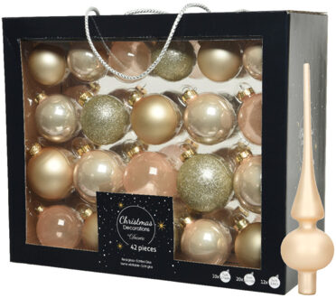 Decoris Kerstballen - 42x - 5, 6, 7 cm - met matte piek - champagne - glas - Kerstbal Champagnekleurig