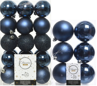 Decoris kerstballen 46x stuks donkerblauw 6 en 8 cm kunststof - Kerstbal