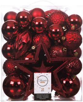 Decoris Kerstballen - 49x st incl. ster piek - rood - kunststof - 5, 6, 8 en 10 cm