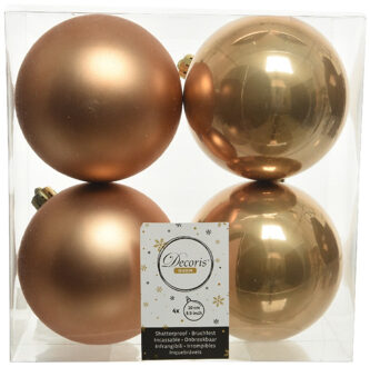 Decoris Kerstballen - 4x st - camel bruin - D10 cm - kunststof - kerstversiering