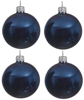 Decoris kerstballen - 4x st - donkerblauw - D10 cm - glas - glans - kerstversiering