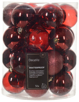 Decoris kerstballen - 50x stuks - 6 cm - kunststof -donkerrood - Kerstbal