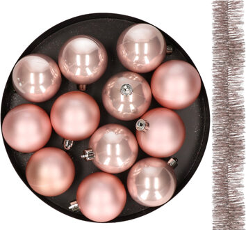 Decoris kerstballen 6 cm en slinger 13x stuks - lichtroze - kunststof
