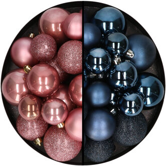 Decoris kerstballen 60x - mix goud/donkerblauw - 4-5-6 cm - kunststof - Kerstbal Roze