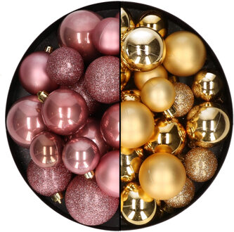 Decoris kerstballen 60x - mix goud/oudroze - 4-5-6 cm - kunststof - Kerstbal