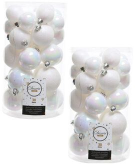 Decoris kerstballen - 60x st - parelmoer wit - 4, 5 en 6 cm - kunststof - kerstversiering