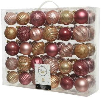 Decoris Kerstballen - 60x st - roze en bruin - 6 en 7 cm - kunststof - Kerstbal Multikleur