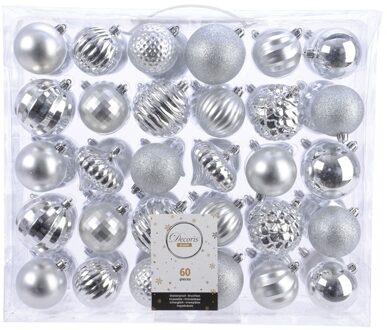 Decoris Kerstballen - 60x st - zilver - 6 en 7 cm - kunststof - Kerstbal Zilverkleurig