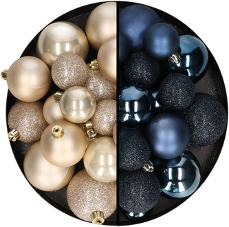 Decoris Kerstballen 60x stuks - mix donkerblauw/champagne - 4-5-6 cm - kunststof - Kerstbal