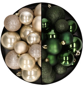 Decoris Kerstballen 60x stuks - mix donkergroen/champagne - 4-5-6 cm - kunststof - Kerstbal Champagnekleurig