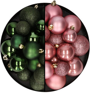 Decoris Kerstballen 60x stuks - mix donkergroen/oudroze - 4-5-6 cm - kunststof