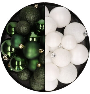 Decoris Kerstballen 60x stuks - mix donkergroen/wit - 4-5-6 cm - kunststof