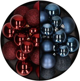 Decoris Kerstballen 60x stuks - mix donkerrood/donkerblauw - 4-5-6 cm - kunststof - Kerstbal