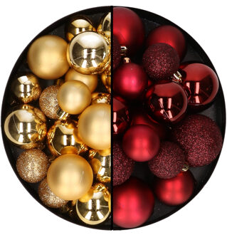 Decoris Kerstballen 60x stuks - mix donkerrood/goud - 4-5-6 cm - kunststof - Kerstbal Goudkleurig