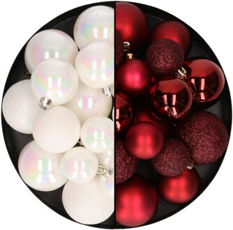 Decoris Kerstballen 60x stuks - mix donkerrood/parelmoer wit - 4-5-6 cm - kunststof