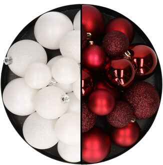 Decoris Kerstballen 60x stuks - mix donkerrood/wit - 4-5-6 cm - kunststof - Kerstbal