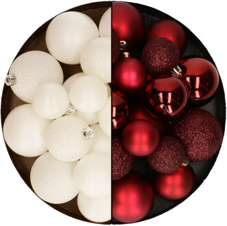 Decoris Kerstballen 60x stuks - mix donkerrood/wol wit - 4-5-6 cm - kunststof - Kerstbal Crème