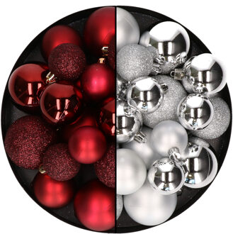 Decoris Kerstballen 60x stuks - mix donkerrood/zilver - 4-5-6 cm - kunststof