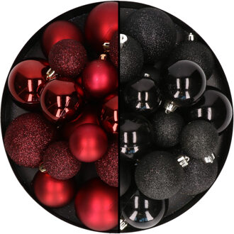 Decoris kerstballen 60x stuks - mix donkerrood/zwart - 4-5-6 cm - kunststof