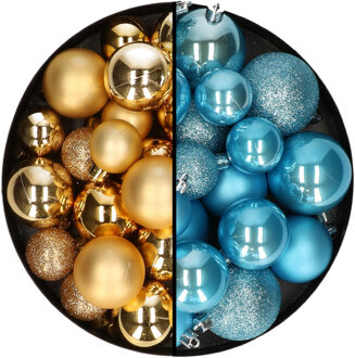 Decoris Kerstballen 60x stuks - mix goud/ijsblauw - 4-5-6 cm - kunststof - Kerstbal Goudkleurig