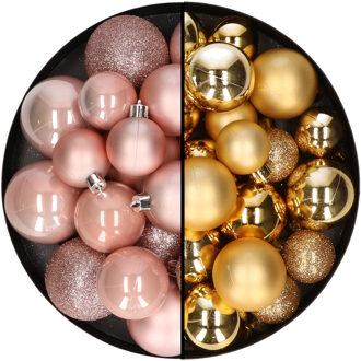 Decoris Kerstballen 60x stuks - mix goud/lichtroze - 4-5-6 cm - kunststof - Kerstbal Goudkleurig