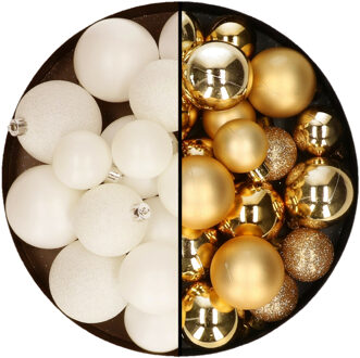 Decoris Kerstballen 60x stuks - mix goud/wol wit - 4-5-6 cm - kunststof