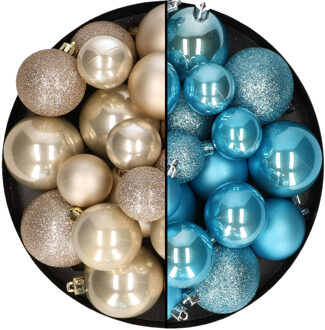 Decoris Kerstballen 60x stuks - mix ijsblauw/champagne - 4-5-6 cm - kunststof - Kerstbal