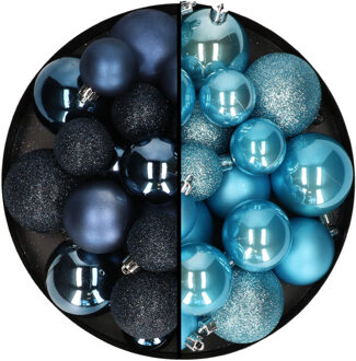 Decoris Kerstballen 60x stuks - mix ijsblauw/donkerblauw - 4-5-6 cm - kunststof - Kerstbal