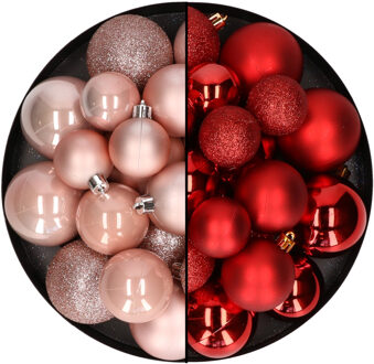 Decoris Kerstballen 60x stuks - mix lichtroze/rood - 4-5-6 cm - kunststof - Kerstbal