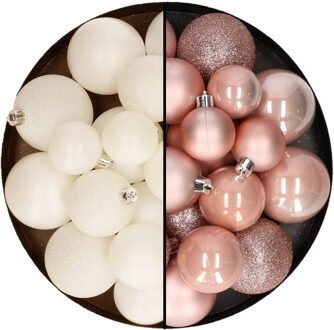 Decoris Kerstballen 60x stuks - mix lichtroze/wol wit - 4-5-6 cm - kunststof