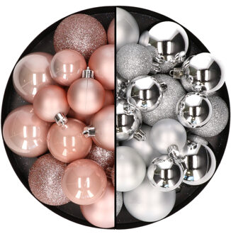 Decoris Kerstballen 60x stuks - mix lichtroze/zilver - 4-5-6 cm - kunststof