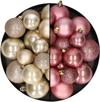 Decoris Kerstballen 60x stuks - mix oudroze/champagne - 4-5-6 cm - kunststof - Kerstbal