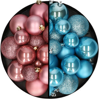 Decoris Kerstballen 60x stuks - mix oudroze/ijsblauw - 4-5-6 cm - kunststof - Kerstbal