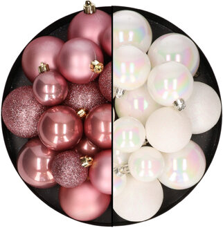 Decoris Kerstballen 60x stuks - mix oudroze/parelmoer wit - 4-5-6 cm - kunststof - Kerstbal