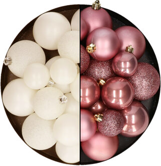 Decoris Kerstballen 60x stuks - mix oudroze/wol wit - 4-5-6 cm - kunststof