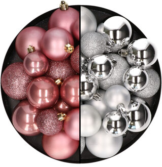 Decoris Kerstballen 60x stuks - mix oudroze/zilver - 4-5-6 cm - kunststof