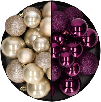 Decoris Kerstballen 60x stuks - mix paars/champagne - 4-5-6 cm - kunststof - Kerstbal