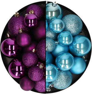 Decoris Kerstballen 60x stuks - mix paars/ijsblauw - 4-5-6 cm - kunststof - Kerstbal